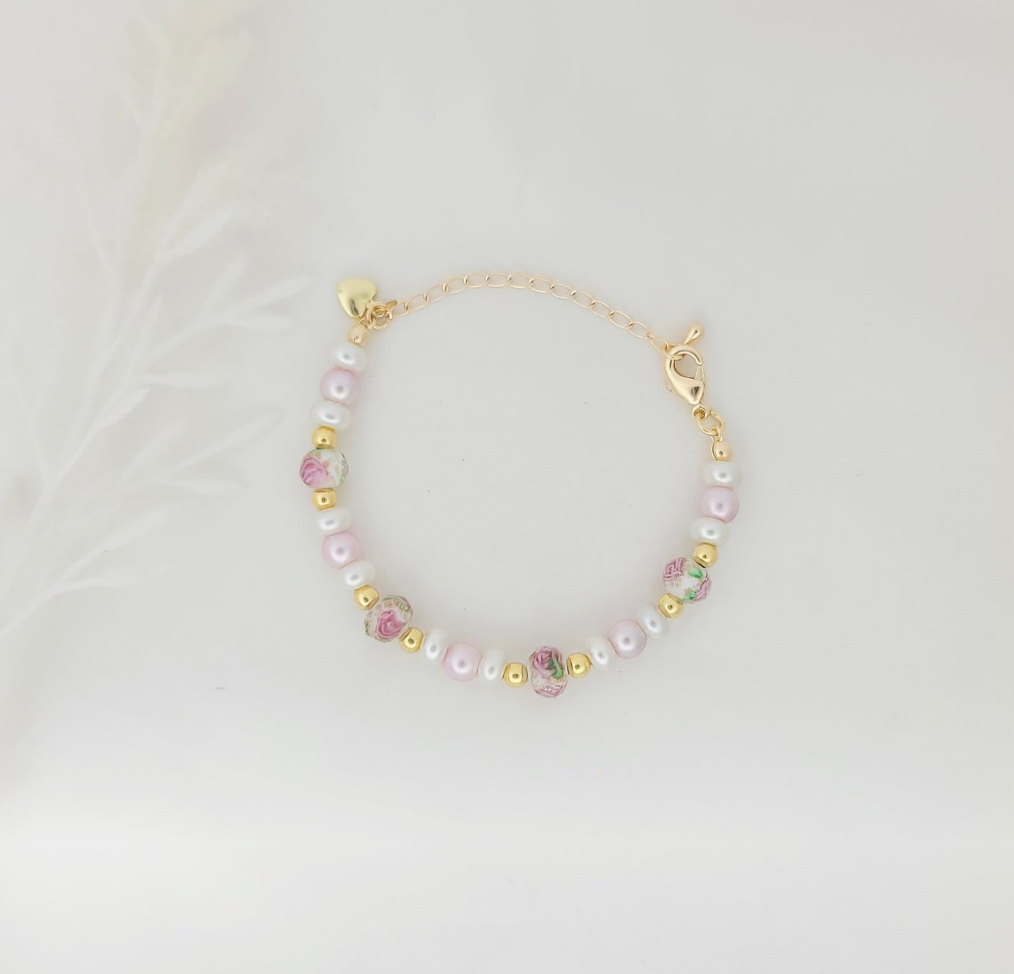 Floral Pink Pearl Bracelet - With Gold Heart Charm