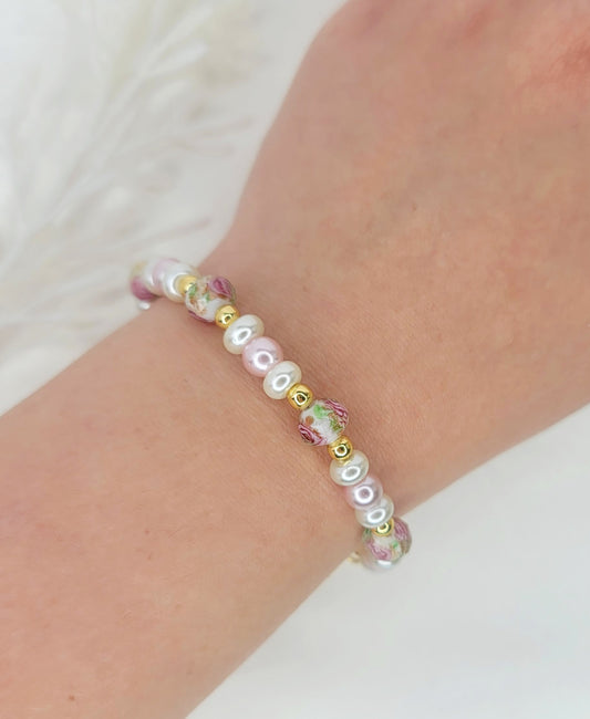 Floral Pink Pearl Bracelet - With Gold Heart Charm