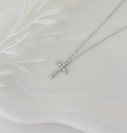 Delicate CZ Cross Necklace- Silver