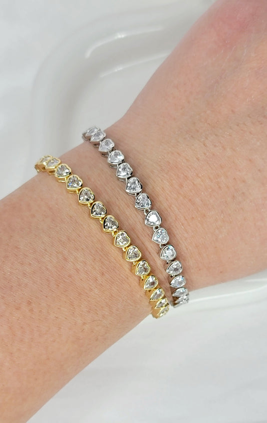 Heart Tennis Bracelet (Silver or Gold)